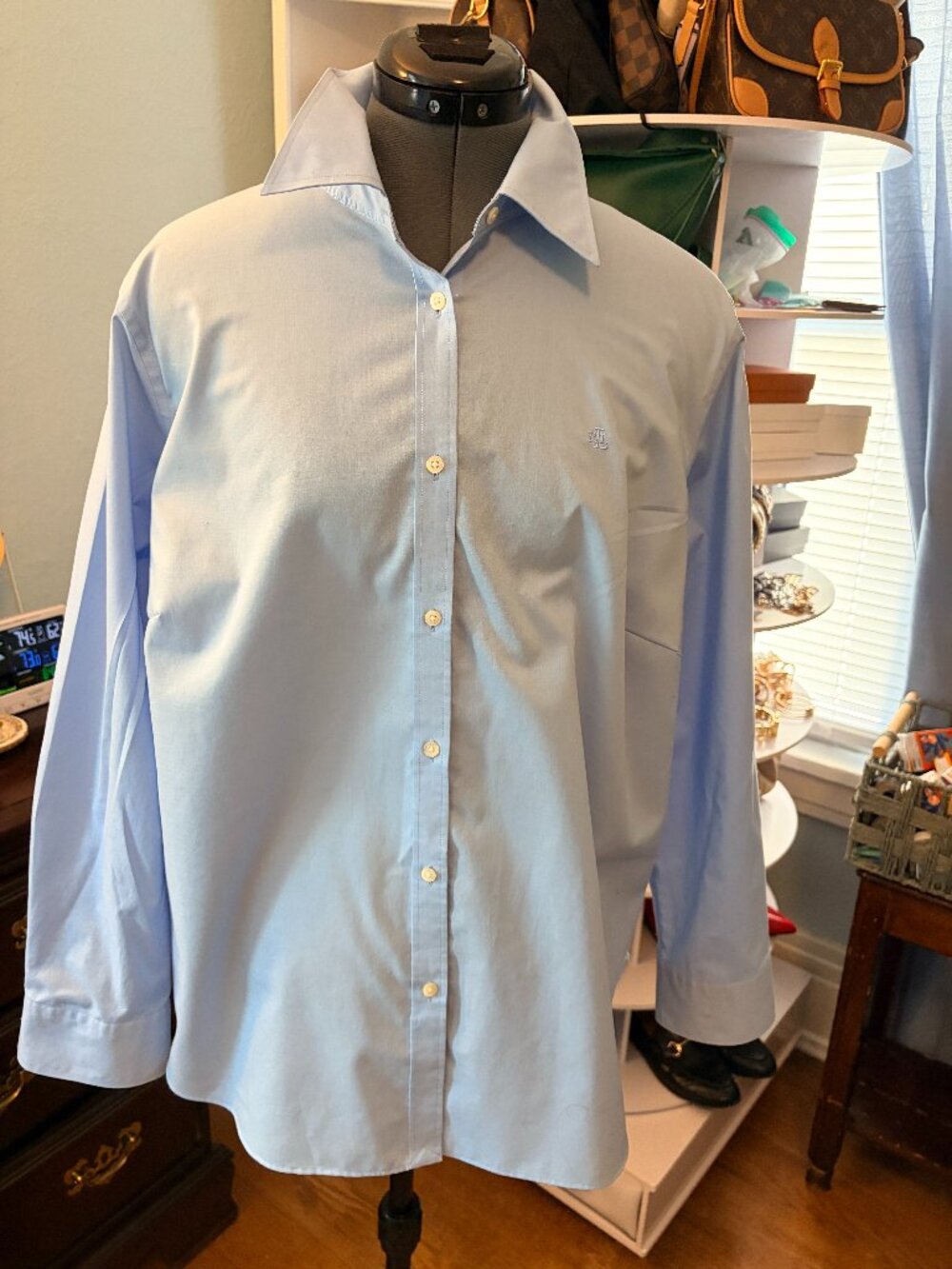 Lauren Ralph Lauren Womens 1X Blue Non Iron Button Shirt Coastal Grandma Preppy